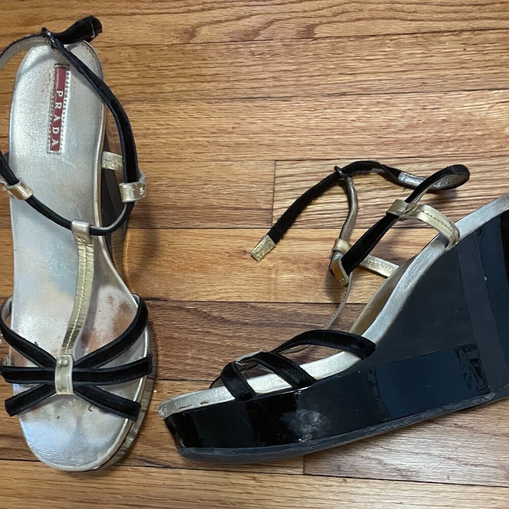 Prada black and gold wedge sandals size 11